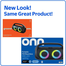 onn portable FM boombox product box showing LED lighting