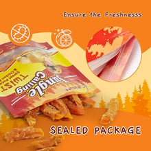 Sealed dog treat package with a pile of sweet potato chew bites