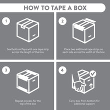 Box sealing instruction diagram showing tape placement steps for shipping boxes