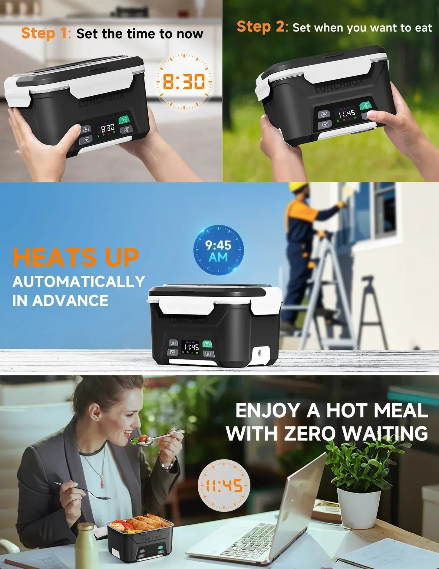 Cordless Electric Lunch Box, Heated Lunch Box Battery Powered with Automatic Scheduled Heating, 5.5 Cups Capacity, with Removable Tray Divider, Dishwasher Safe, for Hot Meals Anywhere
