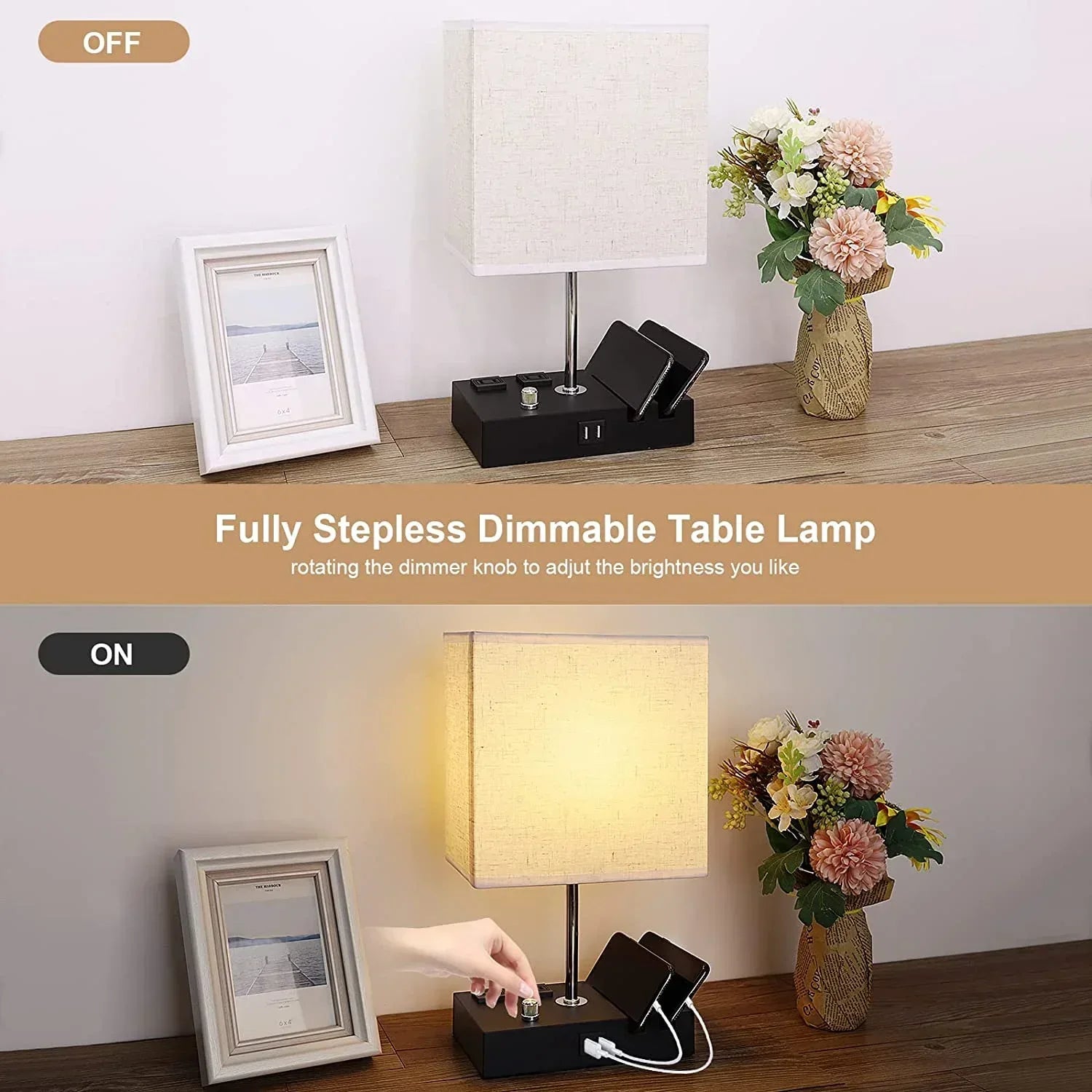 GPED Bedside Table Lamp for Bedroom with Dual Fast USB Charging Ports, Fully Dimmable Nightstand Lamps with 2 Phone Stands and 2 Charging Outlets, Desk lamp with Fabric Shade for Living Room - USA MEGA SHOP