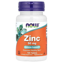 NOW Zinc 50 mg bottle with orange label, purple cap, immune support tablets