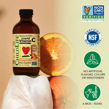 Liquid vitamin C bottle with orange slices, Non-GMO Verified and gluten-free icons