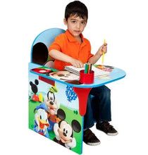 Kids desk chair with blue tabletop and Mickey graphics, child coloring at desk