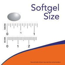 Softgel size chart showing a capsule outline with inches and millimeters scale