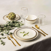Ceramic dinner plate set: off-white plates with thin gold rim