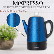 Blue electric coffee percolator with black base, clear glass lid, and curved spout