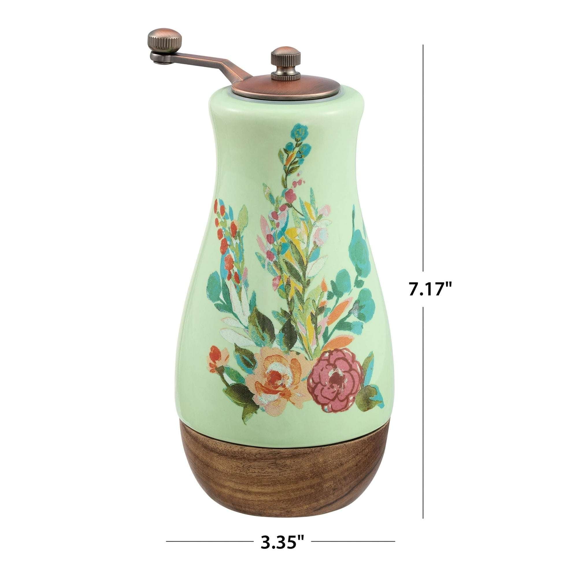 The Pioneer Woman Ceramic Painted Meadow Pepper Mill with Metal Grinder and Acacia Wood Base, A Practical Choice for Seasoning Storage and Serving