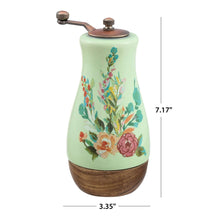 Ceramic pepper mill, floral mint body and metal grinder top; 7.17 in tall