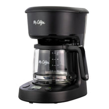Black 5-cup programmable coffee maker with measure markings on glass carafe