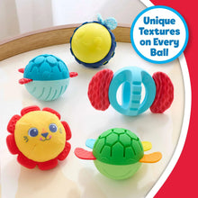 Animal sensory balls on tray: lion, green turtle, blue, and yellow textured balls
