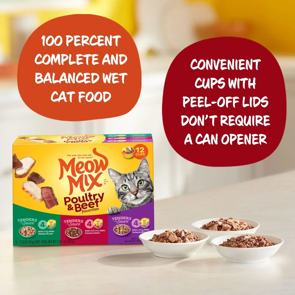 Meow Mix Tender Favorites Poultry & Beef Variety Pack, Wet Cat Food, 2.75 oz Cup - USA MEGA SHOP