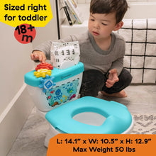 Teal children’s potty training system placed on bathroom floor with size label