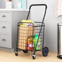 MS shopping cart with wire basket, black frame, blue wheels, holding pantry items