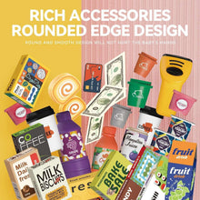 46-piece pretend play cash register accessories with food items, cash, and cards