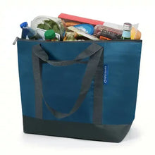 Insulated shopper tote with blue body, gray handles, and open top