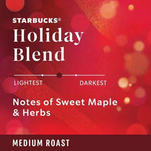 Starbucks Holiday Blend coffee pods box close-up, notes of sweet maple & herbs