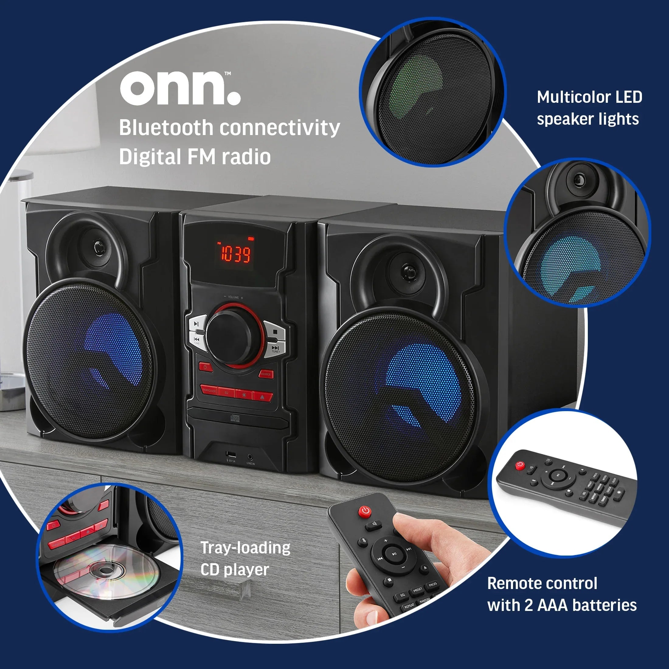 Onn. 100W CD Stereo System with Bluetooth and USB Charging Port