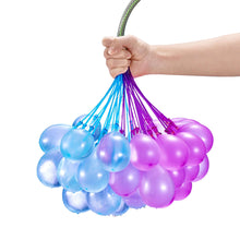 Self-sealing water balloon bunch with blue and purple balloons, tied together
