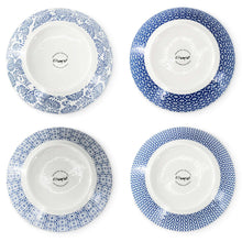 Porcelain bowls with blue patterns and round white base, underside marks