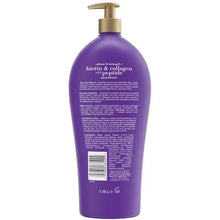 OGX biotin & collagen peptide shampoo bottle back label, purple