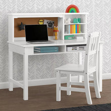 White kids wood desk with hutch, open shelves, laptop, and matching chair
