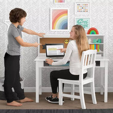White kids desk with hutch and chair, children using it at the tabletop