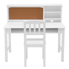 White kids wood desk with hutch, front panels and open storage shelves