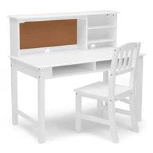 White kids wood desk with hutch and chair, corkboard back panel and shelves