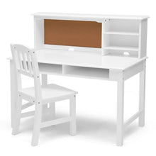 White kids wood desk with hutch and chair, corkboard back panel and side storage