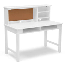 White kids wood desk with hutch and open shelves, corkboard back panel