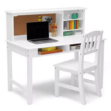 White kids wood desk with hutch, laptop on top and built-in side shelves