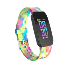 Tie-dye silicone smartwatch with black fitness tracker screen and digital metrics