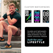 Fitness tracker smartwatch with colorful watch-face previews on a display mockup