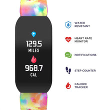 Black fitness tracker smartwatch with tie-dye strap showing miles, calories, and icons