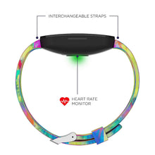 Tie-dye smartwatch with interchangeable straps and heart-rate monitor sensor on the back