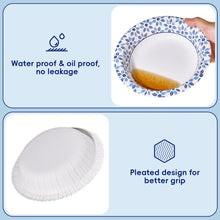 Disposable paper bowl with blue floral rim, water proof and pleated grip icons
