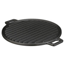 Pre-seasoned cast iron ridged griddle with side handle, dark finish