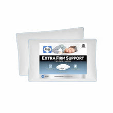 Extra firm support pillow set, two white rectangular pillows in retail packaging.
