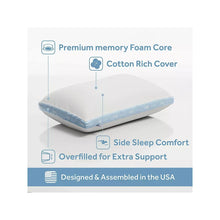 Pillow diagram with memory foam core and cotton-rich cover.