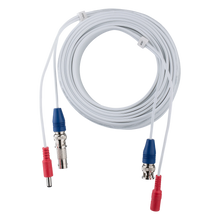 Coiled BNC security cable with blue and red BNC connectors on white cable