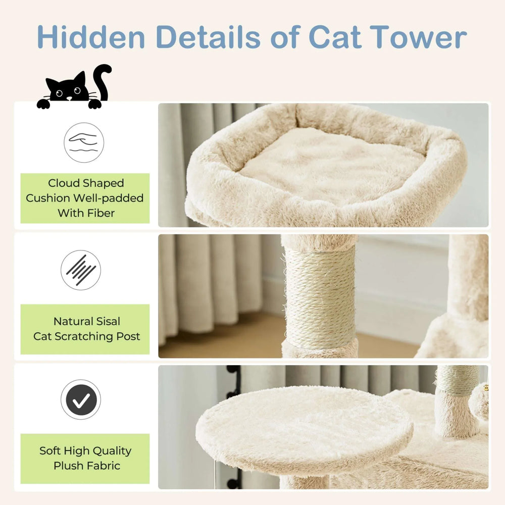 EDX 44" Cat Tree Tower for Indoor Cats, Multi-Level Durable Climbing Tower, Pet House with Natural Sisal Scratching Post, Cozy Condo, Extended Platform, Kitten Toy and Hammock, Beige - USA MEGA SHOP