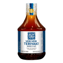 Teriyaki marinade and sauce bottle with blue label and amber-brown liquid
