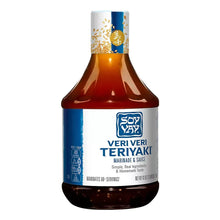 Teriyaki marinade and sauce bottle, blue front label with branding