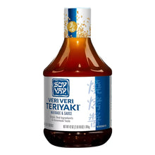 Teriyaki marinade and sauce bottle with side label text and blue Soy Vay logo