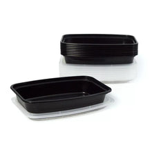 Rectangular plastic food containers with dark bases and stacked clear lids