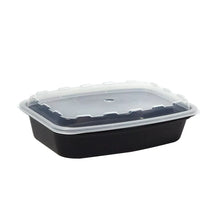 Rectangular food storage container with black base and clear snap-on lid