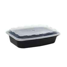 Rectangular food container with dark base and clear snap-on lid