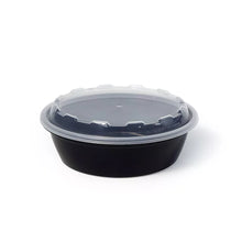 Round food storage container with gray snap-on lid, black body
