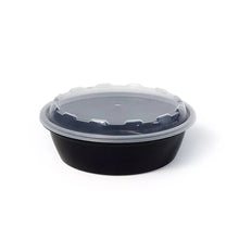 Round food storage container with dark body and clear snap-on lid